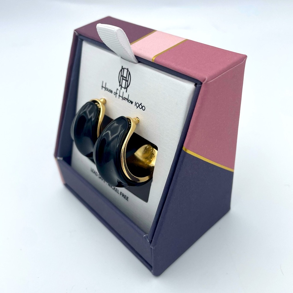 House of Harlow 1960 Black & Gold-Tone 3/4 Hoop Post Earrings NWT